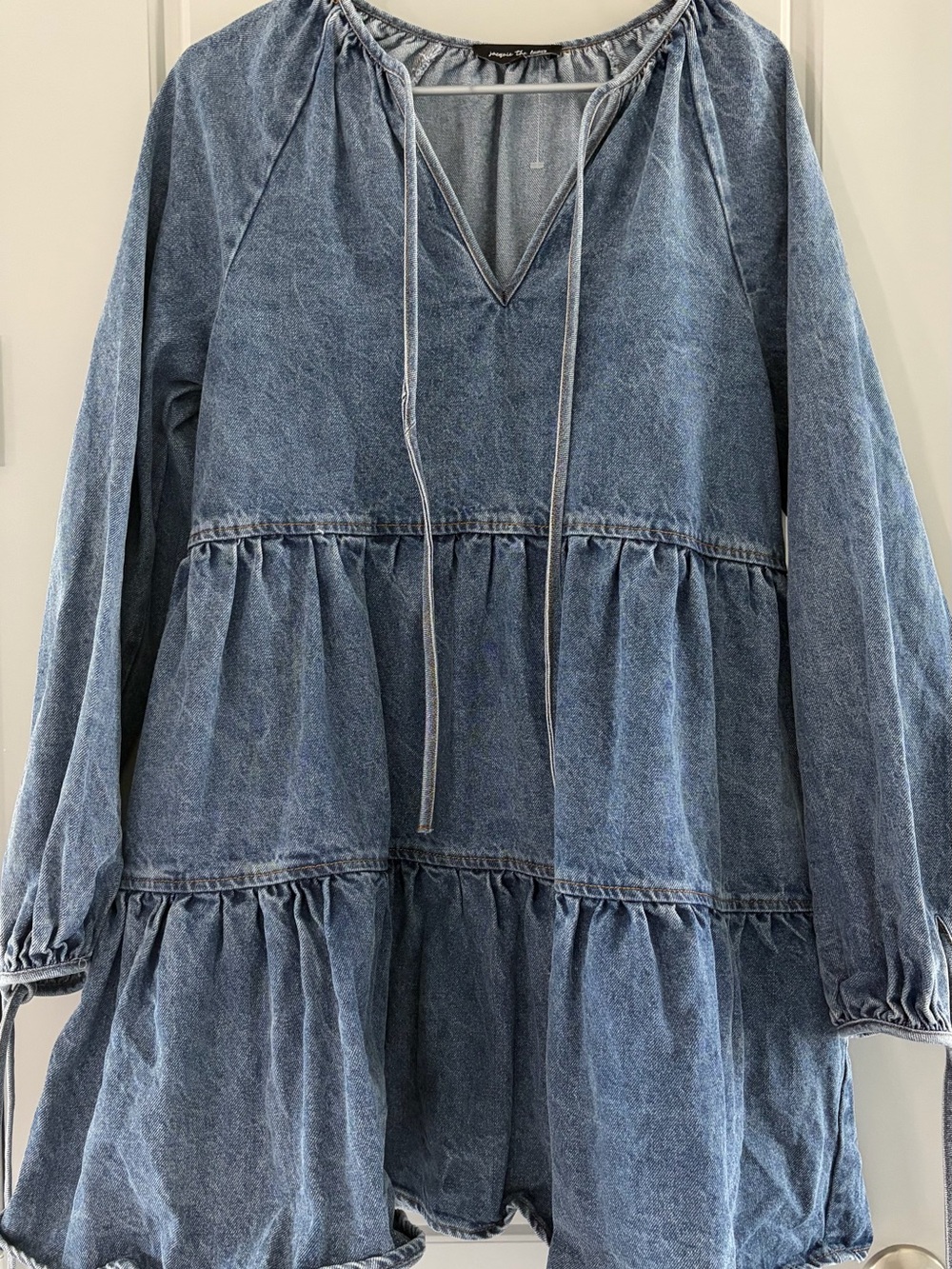 Jacquie The Label Denim Tiered Mini Dress V-Neck Tie Balloon Sleeve Size S